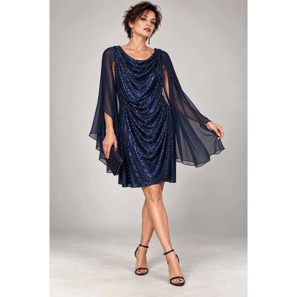 R&M Richards 12 Navy Sequin Cowl Neck Dress Sheer Sleeves Cocktail